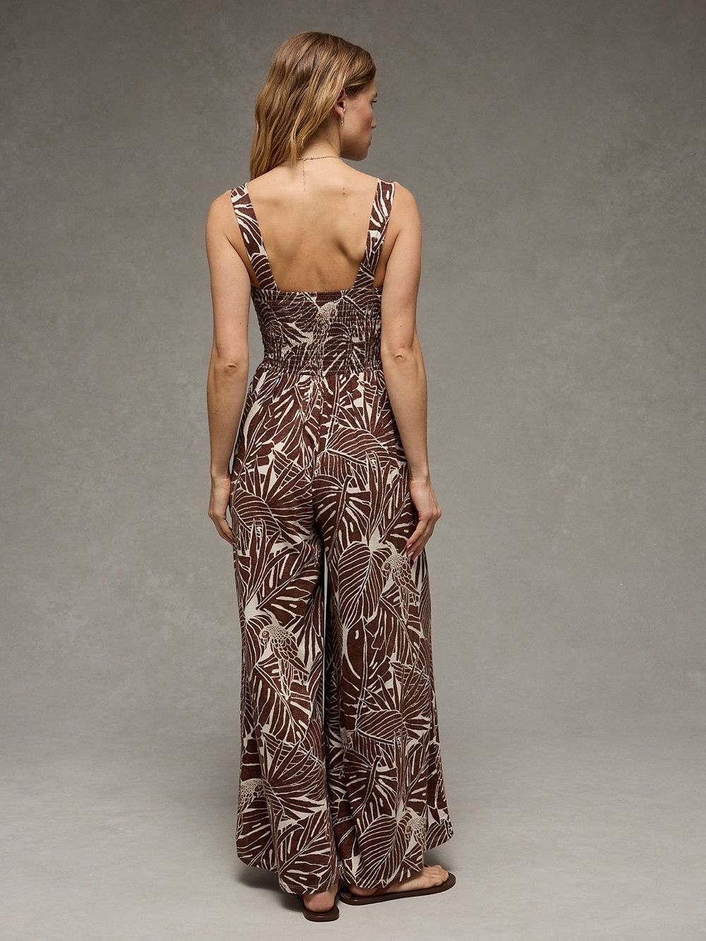 NWT AE Smocked Women’s Brown Printed Wide-Leg Jumpsuit - Picture 2 of 9